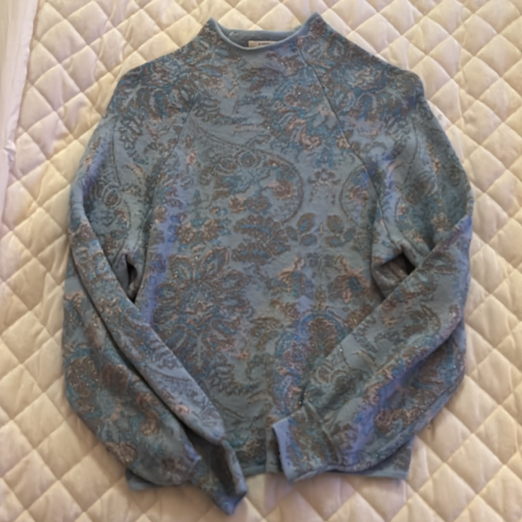 Anthropologie Light Blue Ornate Print Mock Neck Sweater